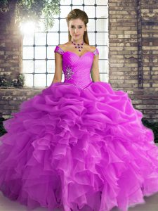 Traditional Lilac Organza Lace Up Sweet 16 Dresses Sleeveless Floor Length Beading and Ruffles and Pick Ups