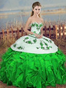 Designer Green Sweet 16 Quinceanera Dress Military Ball and Sweet 16 and Quinceanera with Embroidery and Ruffles and Bowknot Sweetheart Sleeveless Lace Up