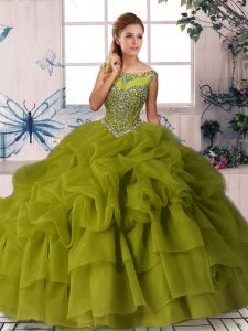 Modest Brush Train Ball Gowns Quinceanera Dresses Olive Green Scoop Organza Sleeveless Zipper