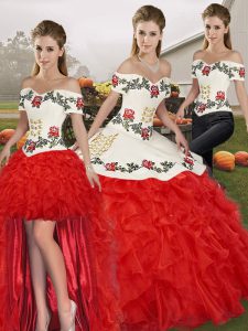 Traditional White And Red Sleeveless Organza Lace Up Sweet 16 Dress for Military Ball and Sweet 16 and Quinceanera