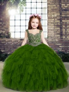 Tulle Straps Sleeveless Lace Up Beading and Ruffles Little Girl Pageant Gowns in Olive Green