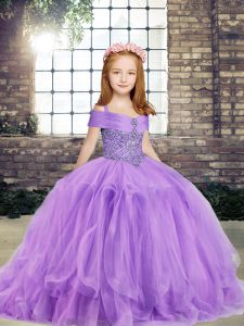 Fancy Sleeveless Floor Length Beading Lace Up Little Girls Pageant Gowns with Lavender