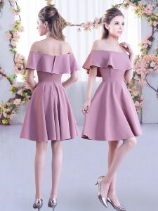 Pink Chiffon Zipper Off The Shoulder Short Sleeves Mini Length Dama Dress Ruching