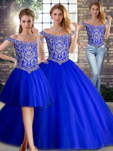 Dramatic Sleeveless Brush Train Beading Lace Up Quinceanera Dresses