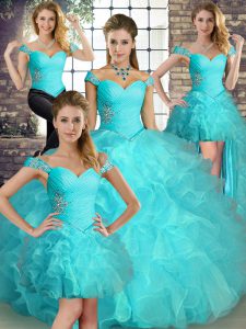 Aqua Blue Ball Gowns Organza Off The Shoulder Sleeveless Beading and Ruffles Floor Length Lace Up Vestidos de Quinceanera