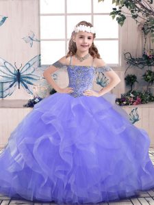 Beautiful Floor Length Lace Up Little Girl Pageant Dress Lavender for Party and Sweet 16 and Wedding Party with Beading and Ruffles