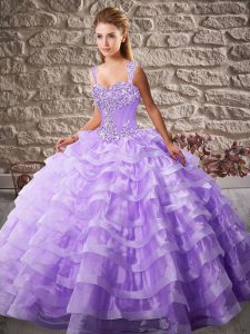 Great Lavender Straps Lace Up Beading and Ruffled Layers Quinceanera Dress Court Train Sleeveless