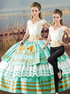 Sleeveless Floor Length Embroidery and Ruffled Layers Lace Up Sweet 16 Quinceanera Dress with Apple Green