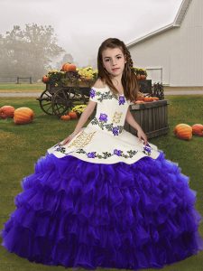 Purple Ball Gowns Organza Straps Sleeveless Embroidery and Ruffled Layers Floor Length Lace Up Child Pageant Dress