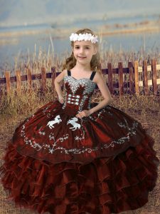 Ball Gowns Little Girl Pageant Gowns Rust Red Straps Organza Sleeveless Floor Length Lace Up