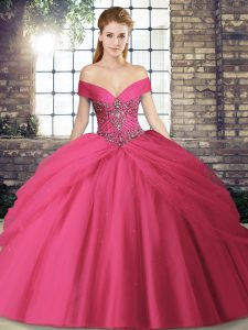 Hot Pink Ball Gowns Off The Shoulder Sleeveless Tulle Brush Train Lace Up Beading and Pick Ups Quinceanera Dresses