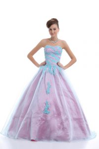 Sumptuous Light Blue Ball Gowns Sweetheart Sleeveless Organza Floor Length Lace Up Appliques Quinceanera Gown