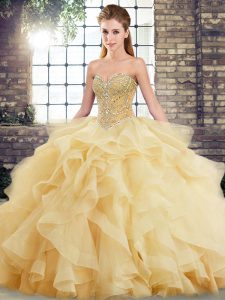 Eye-catching Lace Up 15th Birthday Dress Gold for Military Ball and Sweet 16 and Quinceanera with Beading and Ruffles Brush Train