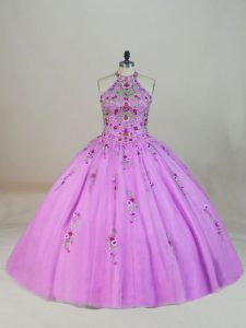 Glittering Halter Top Sleeveless Tulle Sweet 16 Quinceanera Dress Appliques and Embroidery Brush Train Lace Up