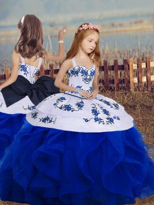 Royal Blue Lace Up Pageant Gowns For Girls Embroidery and Ruffles Sleeveless Floor Length