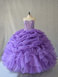 Floor Length Lace Up Sweet 16 Quinceanera Dress Lavender for Sweet 16 and Quinceanera with Beading and Ruffles and Pick Ups