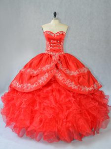 Floor Length Red Quinceanera Gowns Organza Sleeveless Embroidery and Ruffles