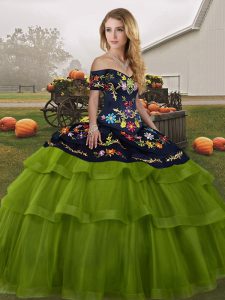 Tulle Sleeveless 15th Birthday Dress Brush Train and Embroidery and Ruffled Layers