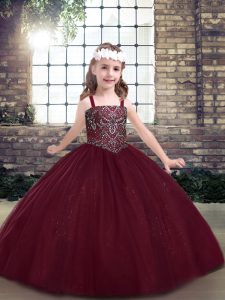 Burgundy Lace Up Straps Beading Little Girls Pageant Dress Wholesale Tulle Sleeveless