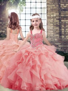 Ball Gowns Little Girls Pageant Gowns Watermelon Red Straps Tulle Sleeveless Floor Length Lace Up