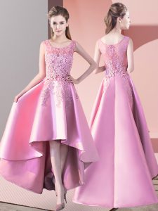 Baby Pink Zipper Quinceanera Dama Dress Lace Sleeveless High Low