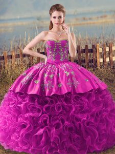 Charming Fuchsia Sleeveless Brush Train Embroidery and Ruffles 15th Birthday Dress