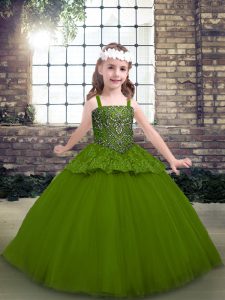 Straps Sleeveless Lace Up Little Girl Pageant Dress Olive Green Tulle