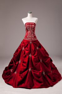 Sophisticated Wine Red Lace Up Strapless Embroidery and Pick Ups Sweet 16 Quinceanera Dress Taffeta Sleeveless Brush Train