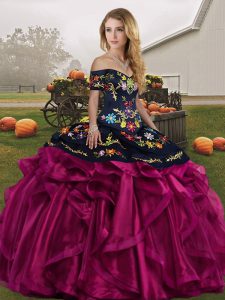 Embroidery and Ruffles Quinceanera Dress Fuchsia Lace Up Sleeveless Floor Length