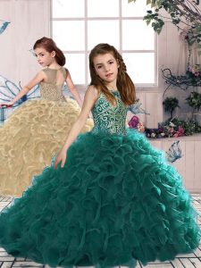 Cheap Turquoise Ball Gowns Beading and Ruffles Little Girls Pageant Dress Wholesale Lace Up Organza Sleeveless Floor Length