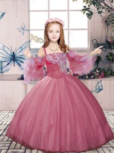 Hot Selling Floor Length Lace Up Little Girl Pageant Dress Pink for Party and Sweet 16 and Wedding Party with Beading