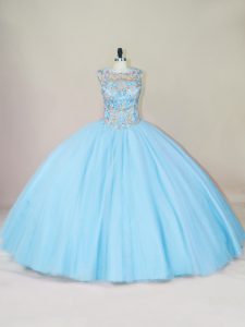 Blue Tulle Lace Up Scoop Sleeveless Floor Length Quince Ball Gowns Beading