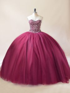 Fashion Burgundy Sleeveless Tulle Lace Up Quince Ball Gowns for Sweet 16 and Quinceanera