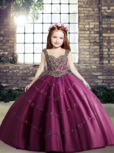 Fuchsia Straps Lace Up Beading Girls Pageant Dresses Sleeveless