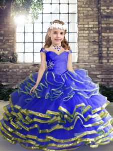 Custom Made Sleeveless Tulle Floor Length Lace Up Little Girls Pageant Dress in Blue with Beading and Ruching