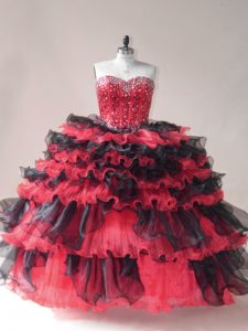 Pretty Floor Length Lace Up Ball Gown Prom Dress Red And Black for Sweet 16 and Quinceanera with Beading and Ruffled Layers