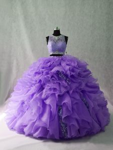 High Quality Organza and Sequined Scoop Sleeveless Brush Train Zipper Beading and Ruffles Quinceanera Dress in Lavender