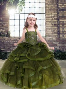 High Class Tulle Straps Sleeveless Lace Up Beading and Ruffles Pageant Gowns For Girls in Olive Green