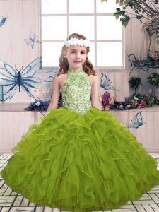 High-neck Sleeveless Lace Up Little Girl Pageant Gowns Olive Green Tulle