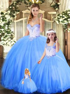 Modest Blue Ball Gowns Tulle Sweetheart Sleeveless Beading Floor Length Lace Up Sweet 16 Dress