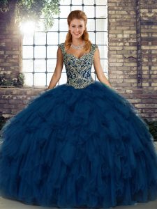 Super Blue Sleeveless Floor Length Beading and Ruffles Lace Up Sweet 16 Dresses