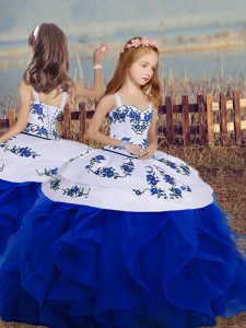 Royal Blue Organza Backless Little Girl Pageant Gowns Sleeveless Floor Length Embroidery and Ruffles