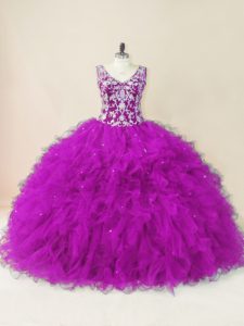 Fuchsia Ball Gowns Beading Ball Gown Prom Dress Backless Tulle Sleeveless Floor Length