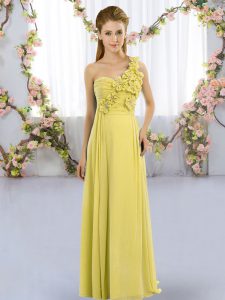 Charming Floor Length Yellow Green Damas Dress One Shoulder Sleeveless Lace Up