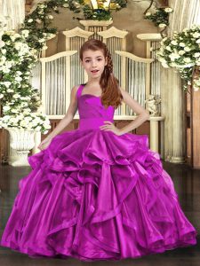 Fuchsia Lace Up Straps Ruffles Kids Formal Wear Organza Sleeveless