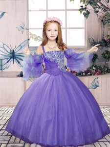 Lavender Sleeveless Tulle Lace Up Little Girl Pageant Gowns for Party and Sweet 16 and Wedding Party