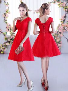 Red Cap Sleeves Lace Lace Up Quinceanera Court Dresses for Wedding Party