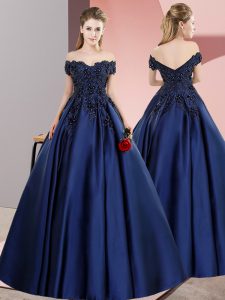 Elegant Navy Blue Sleeveless Floor Length Lace Zipper Sweet 16 Dress