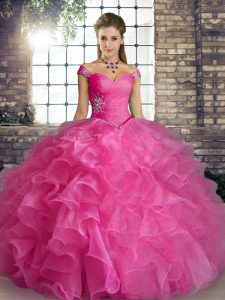 Beading and Ruffles Quince Ball Gowns Rose Pink Lace Up Sleeveless Floor Length