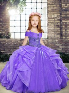 Floor Length Lavender Little Girls Pageant Dress Organza Sleeveless Beading and Ruffles